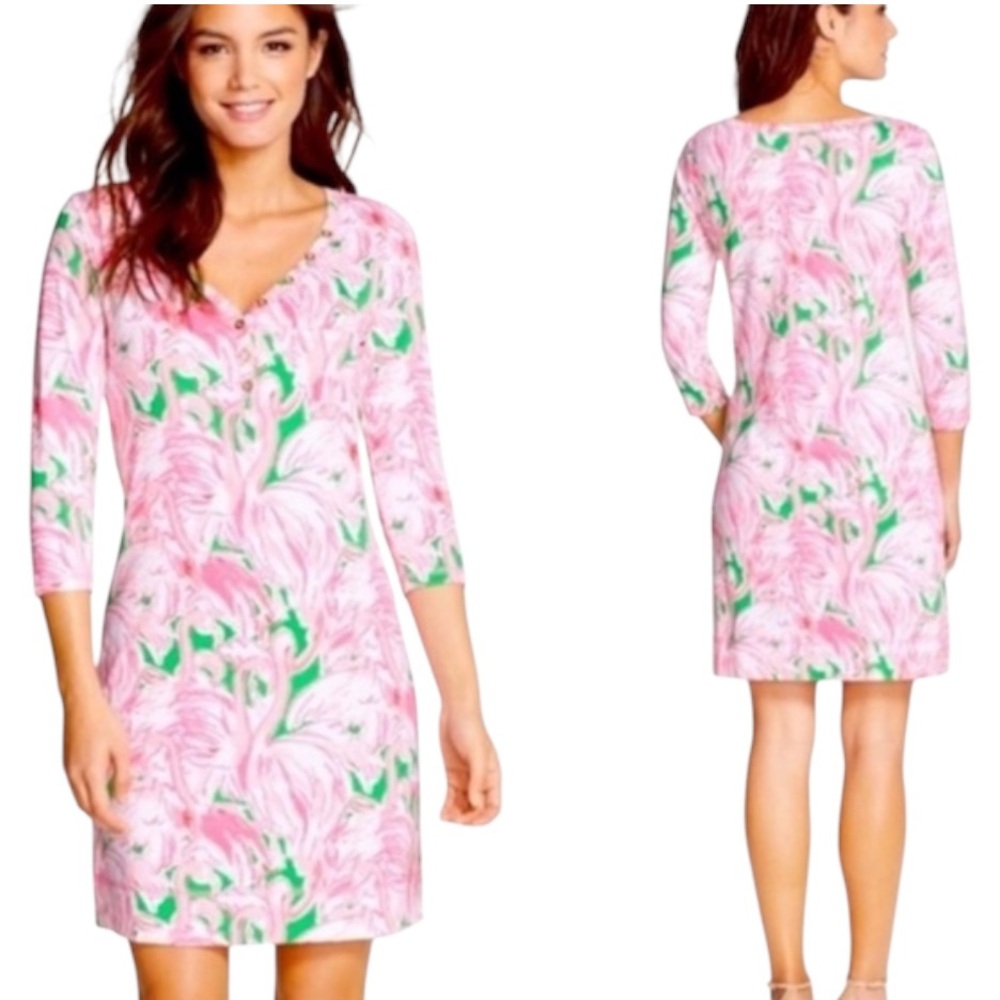 Lilly Pulitzer Palmetto Pink Colony Flamingo Henley Knit Mini Dress - XS
